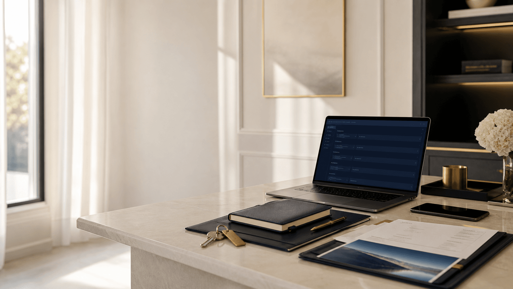 A calm premium workspace with organized documents, property keys, travel planning materials, and a laptop.